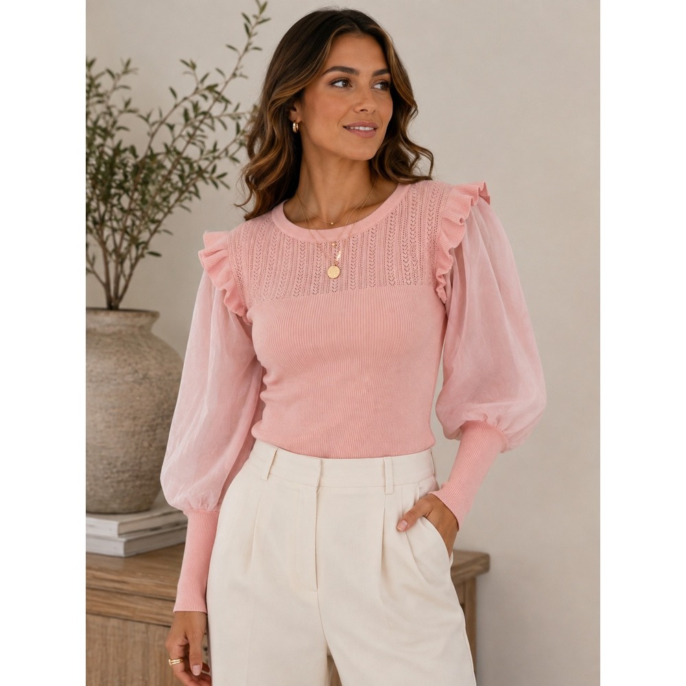 Anthropologie Pink Ruffle Sheer Puff Sleeve Pointelle Ribbed Knit Top Medium - Picture 1 of 7